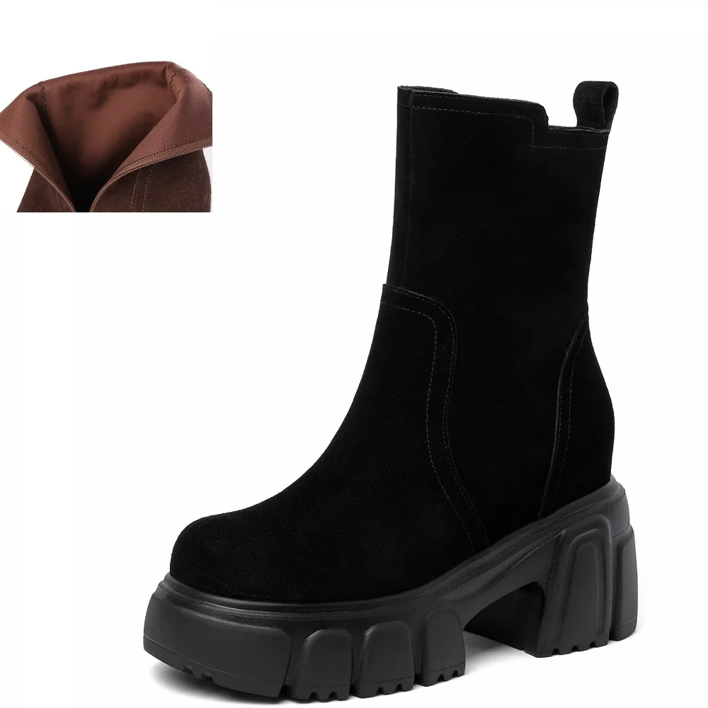 Solid Color Side Zipper 10CM Block Heel Matte Leather Platform Korean Slip On Retro Handmade Women's Autumn Winter Boots 51017