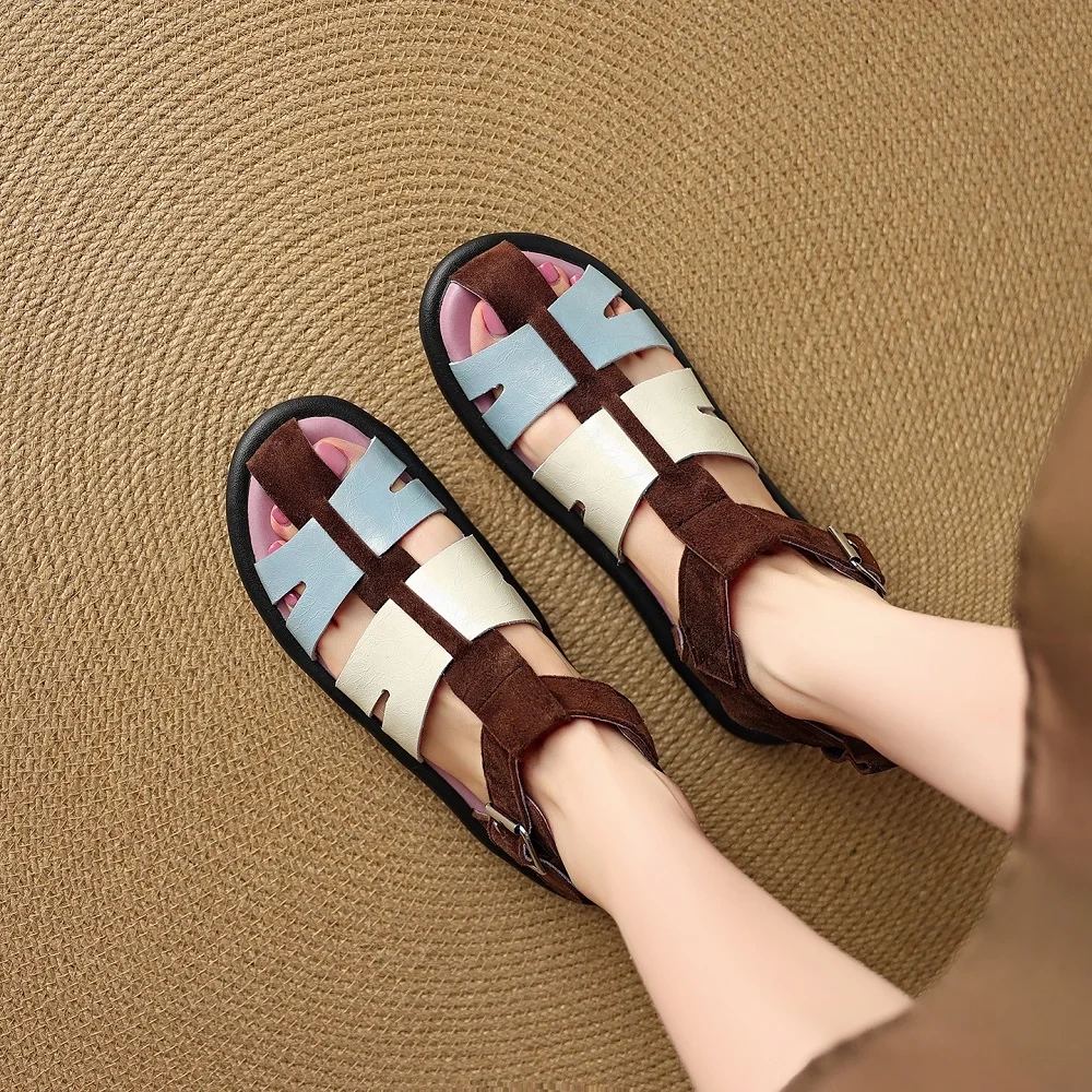 Women's Summer New 2.5 CM Flat Genuine Leather Color Block Cut Out Woven Peep Toe Backless Buckle Strap Gladiator Sandals 50614