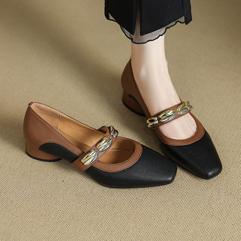 Women's Spring Summer New Genuine Leather French Square Toe 3CM Low Chunky Heel Shallow Mouth Block Color Slip On Shoes 50724