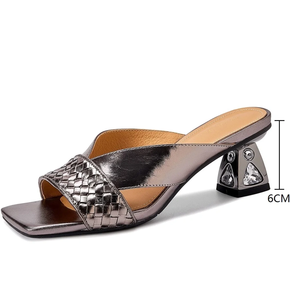 Women's Summer New Slim 6 CM Chunky Heel Crystals Genuine Leather Woven Open-Toe Square Toe French Vintage Slippers 50619