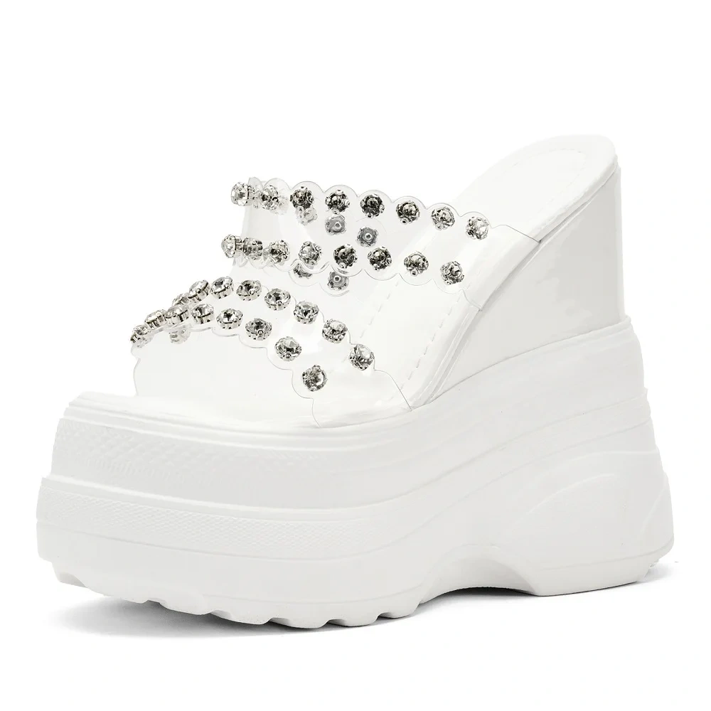 Summer New Slim Height Increasing Platform Peep Toe Cut Out Wedges Crystal Genuine Leather Women  Gladiator Slippers 250527