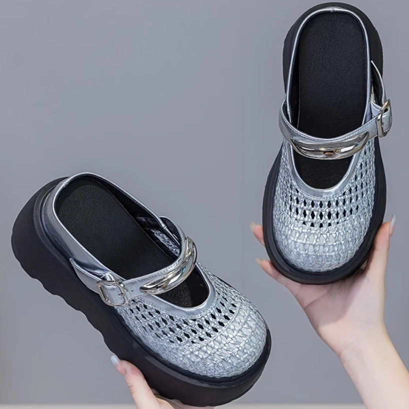 Women's Summer Fashion 10 CM Thick Sole Genuine Leather Sandals Closed Toe Hollow Out Metal Buckle Slippers 50524
