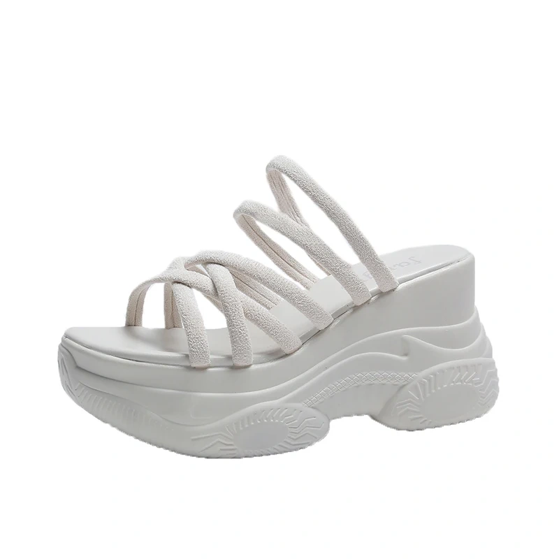 Women's Summer New Fashion Slim Fit 8CM Platform Cross Strap Peep Toe Shoes Cut Out Wedge Round Toe Solid Color Slippers 50712
