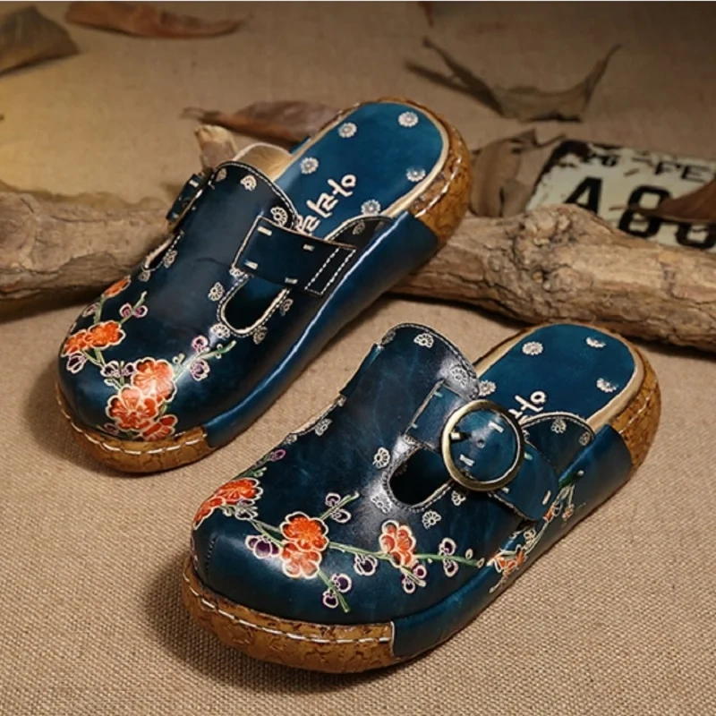 Women's Summer New 5CM Thick Sole Genuine Leather Metal Buckle Color-Block Floral Print Closed Toe Handmade Retro Slippers 50530