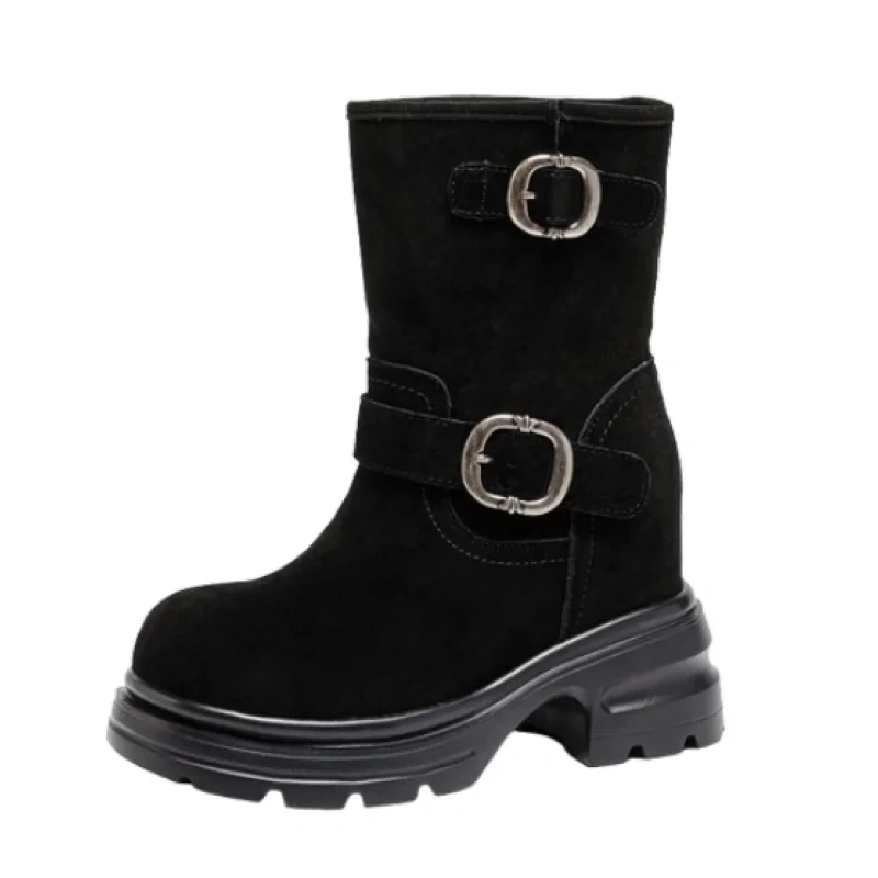 12CM Inner Height Increasing Women's Ankle Boots Suede Leather Belt Buckle Platform Casual 2025 Spring & Autumn New 51013