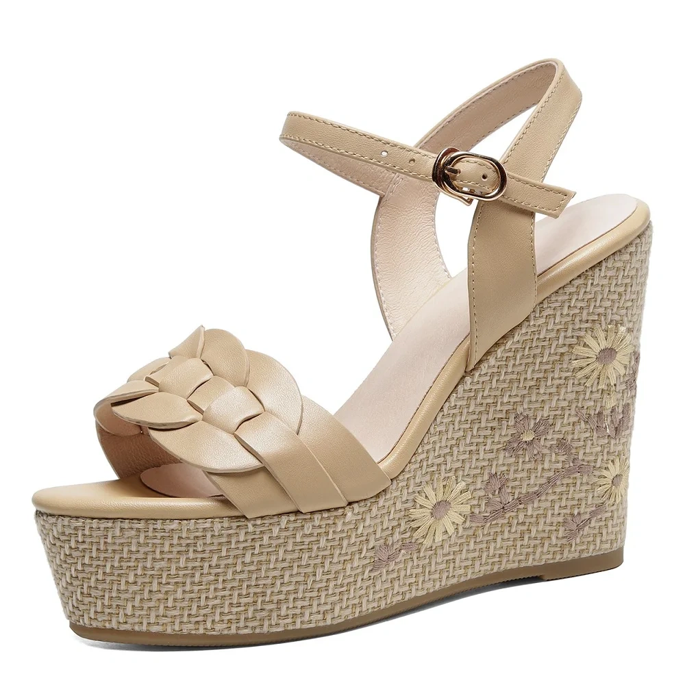 Women's Summer New Slim 12 CM Wedge Heel Genuine Leather Peep Toe Single Strap Platform Woven Gladiator Slingbacks Sandals 50610