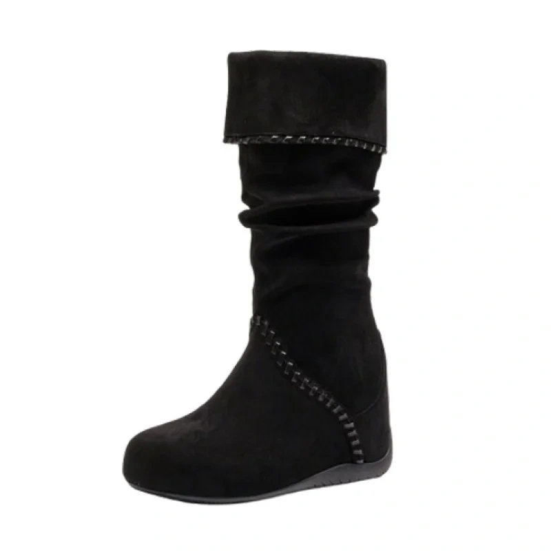 Women Autumn Winter New Mid-Calf Boots Cow Suede Casual 11CM Invisible Heel Sewing Foldable Collar Korean Style Half Boots 51014