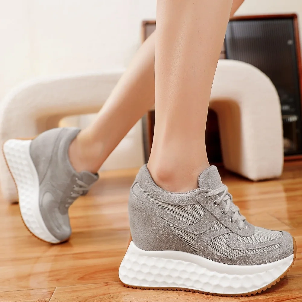 12CM Height Increase Slim Genuine Leather & Mesh Breathable Lace-Up Solid Color Concise Platform Women's Autumn Shoes 50804