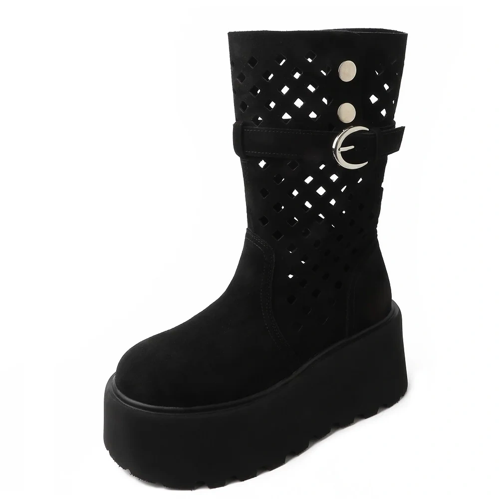 Women's Spring Autumn Fashion 7 CM Thick Sole Cow Suede Cut Out Belt Buckle Rivets Korean Style Slip On Mid-Calf Boots 50618