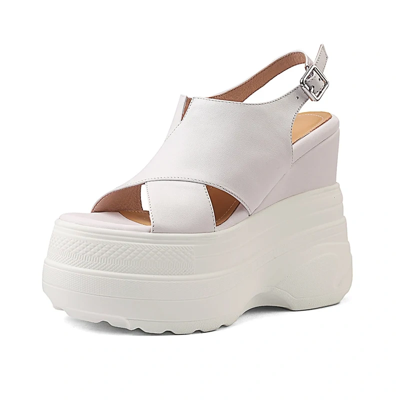Women's Summer New Slim Fit 14 CM Wedge Heel Genuine Leather Cross Strap Platform Peep Toe Backless Solid Color Sandals 50709
