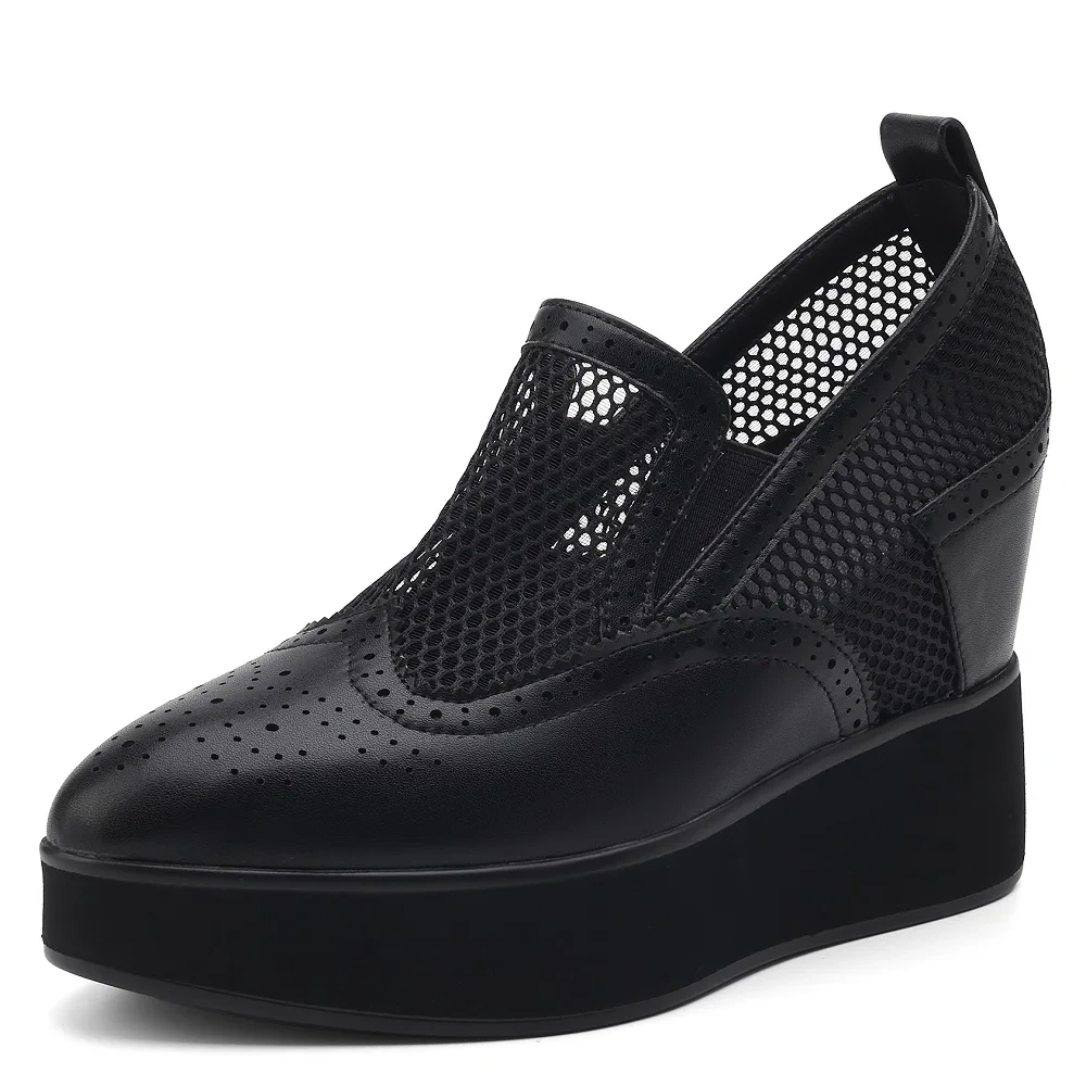 Women's Summer Fashion Slim 11CM Hidden Height Pointed Toe Slip On Genuine Leather & Mesh Hollow-Out Bright Color Shoes 50617