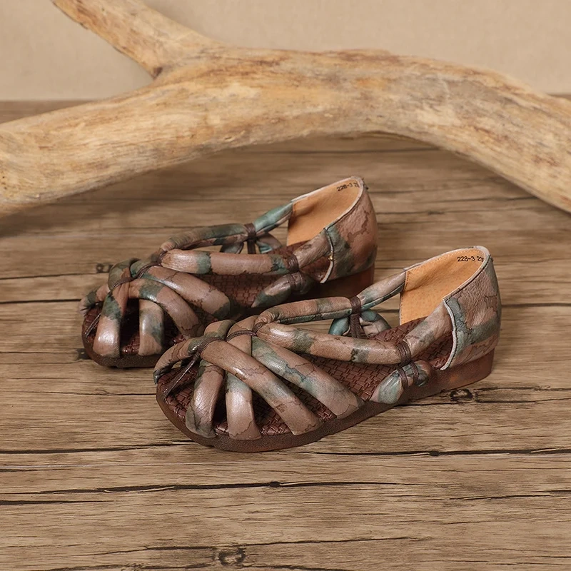 Women's Summer Genuine Leather Peep Toe Sandals Shallow Mouth Cutout Printed Cross Strap Slip On Casual Flats Shoes 50630