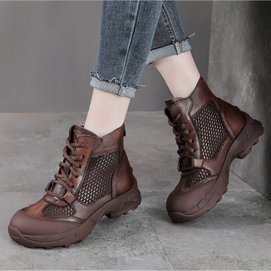 Women's Spring Summer New Slim 4CM Genuine Leather Thick Sole Hollow-Out Lace-Up Solid Color Flats Concise Ankle Boots 50703