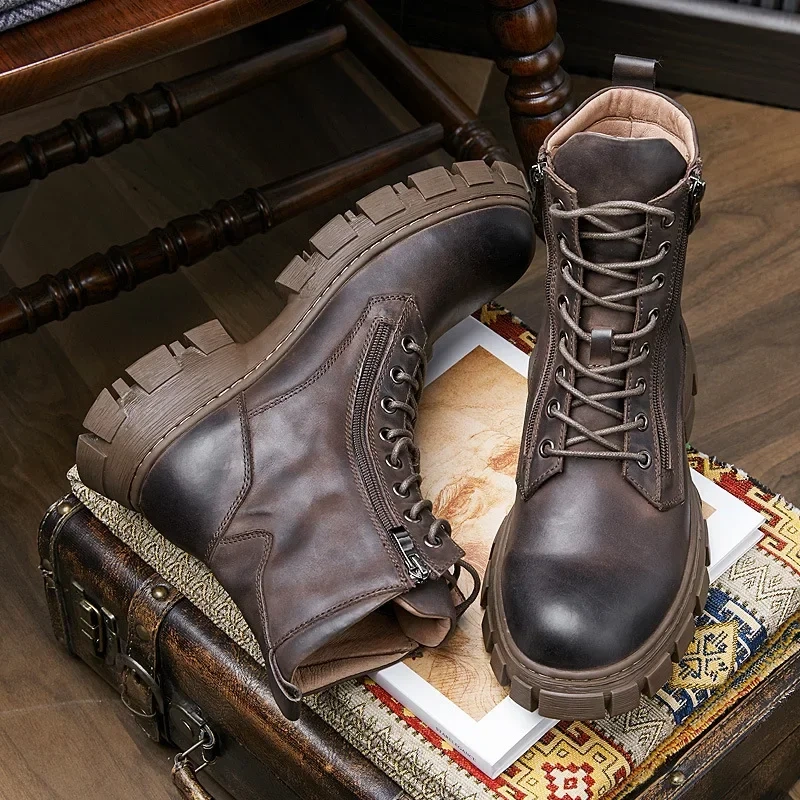 Spring Autumn New British Style Retro Genuine Leather Men Mid-Calf Half Motorcycle Boots Winter Plush Warm Lace Up Shoes