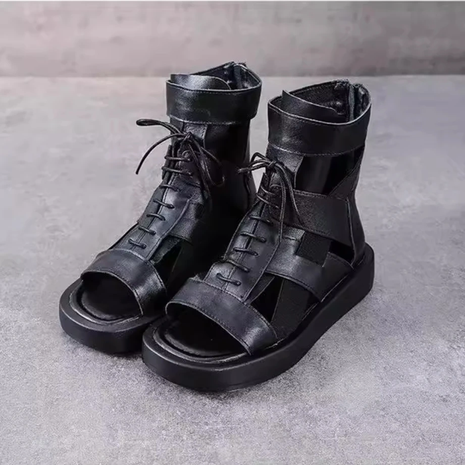 Women's Summer New Slim Fit 3.5 CM Wedge Heel Genuine Leather Zip Lace-Up Peep Toe Cut Out Gladiator Ankle Boots 50605