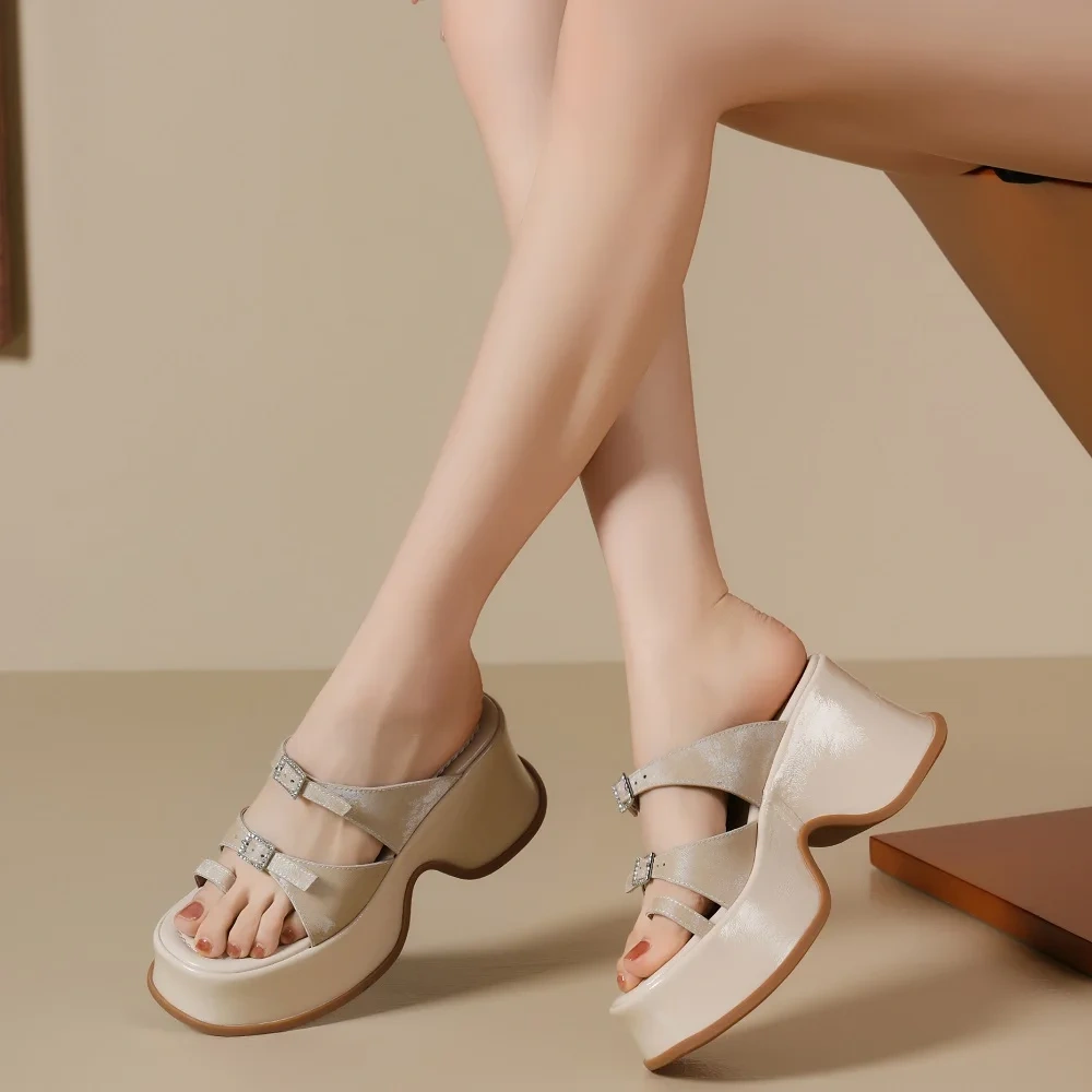 Women's Summer Fashion 9 CM Thick Sole Wedge Platform Genuine Leather Slippers Peep-Toe Buckle Strap Sandals 50517
