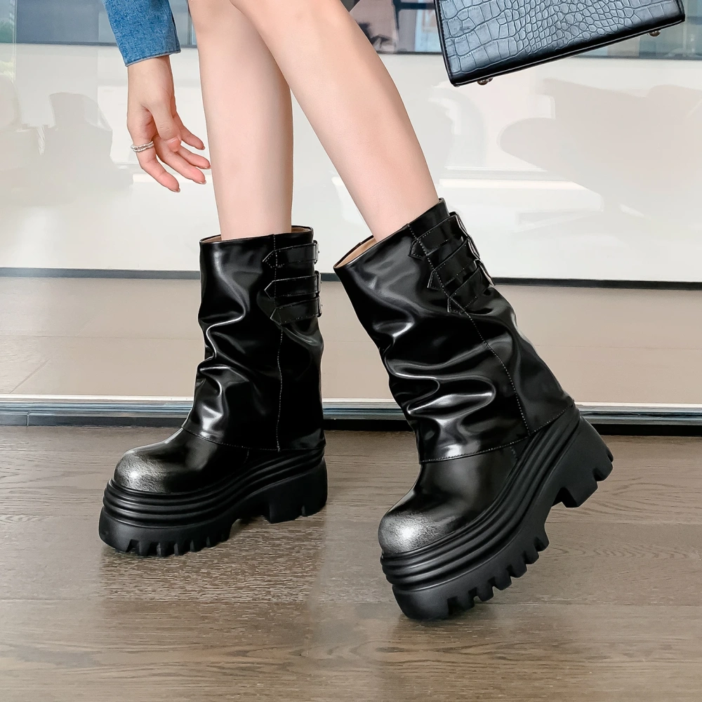 Women's Autumn Winter New Genuine Leather Belt Buckle 12CM Hidden Heel Round Toe Slip-On Platform Fashion Ankle Boots 50820