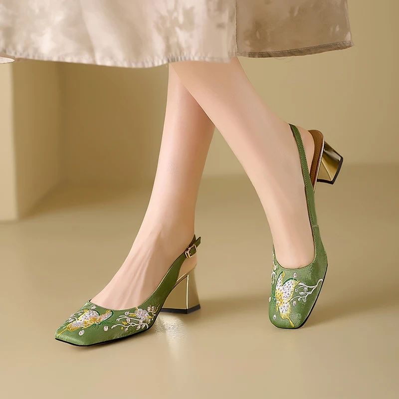 Women's Summer New Slim 5.5 CM Block Heel Genuine Leather Embroidered Crystals Buckle Strappy Open Back Square Toe Pumps 50619