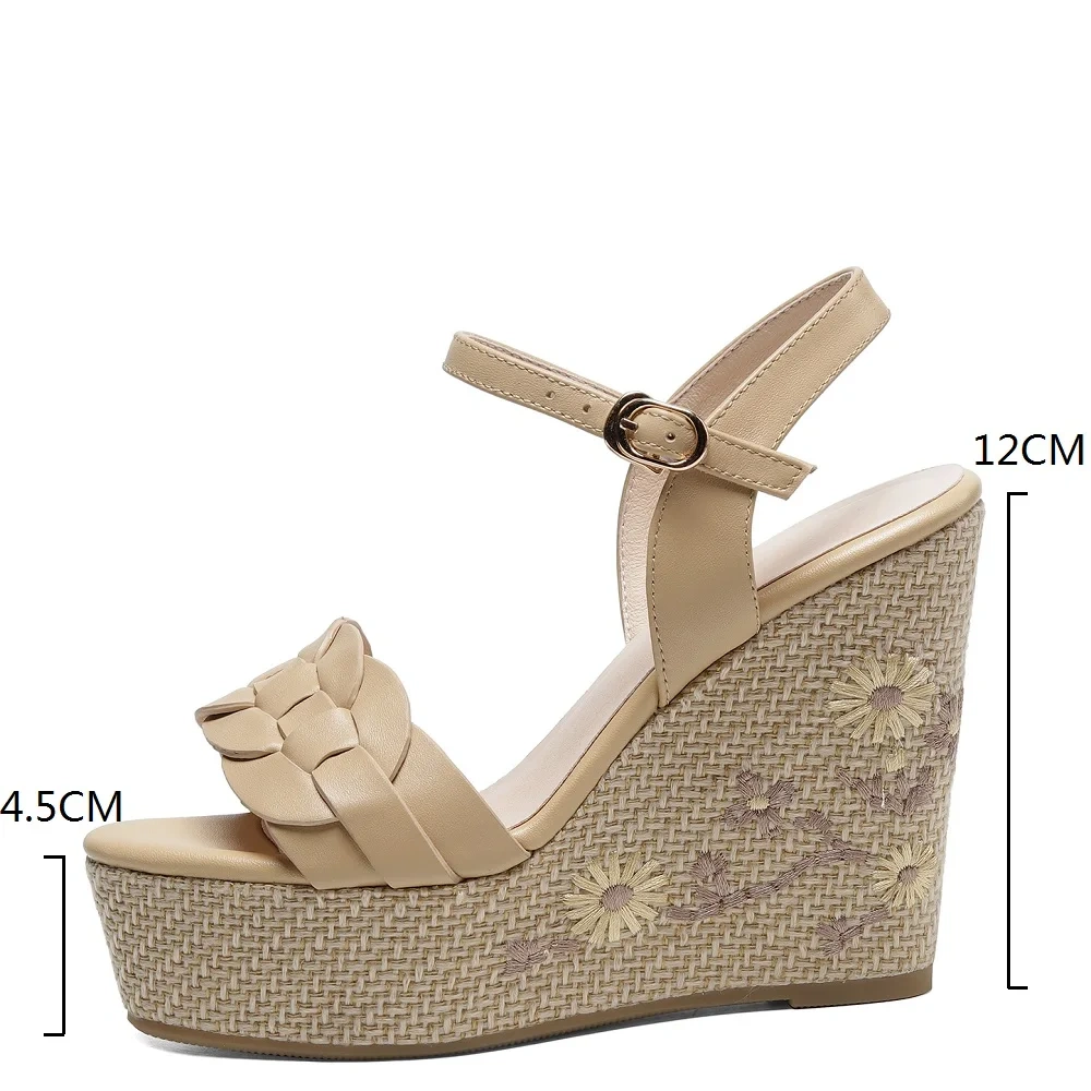 Women's Summer New Slim 12 CM Wedge Heel Genuine Leather Peep Toe Single Strap Platform Woven Gladiator Slingbacks Sandals 50610