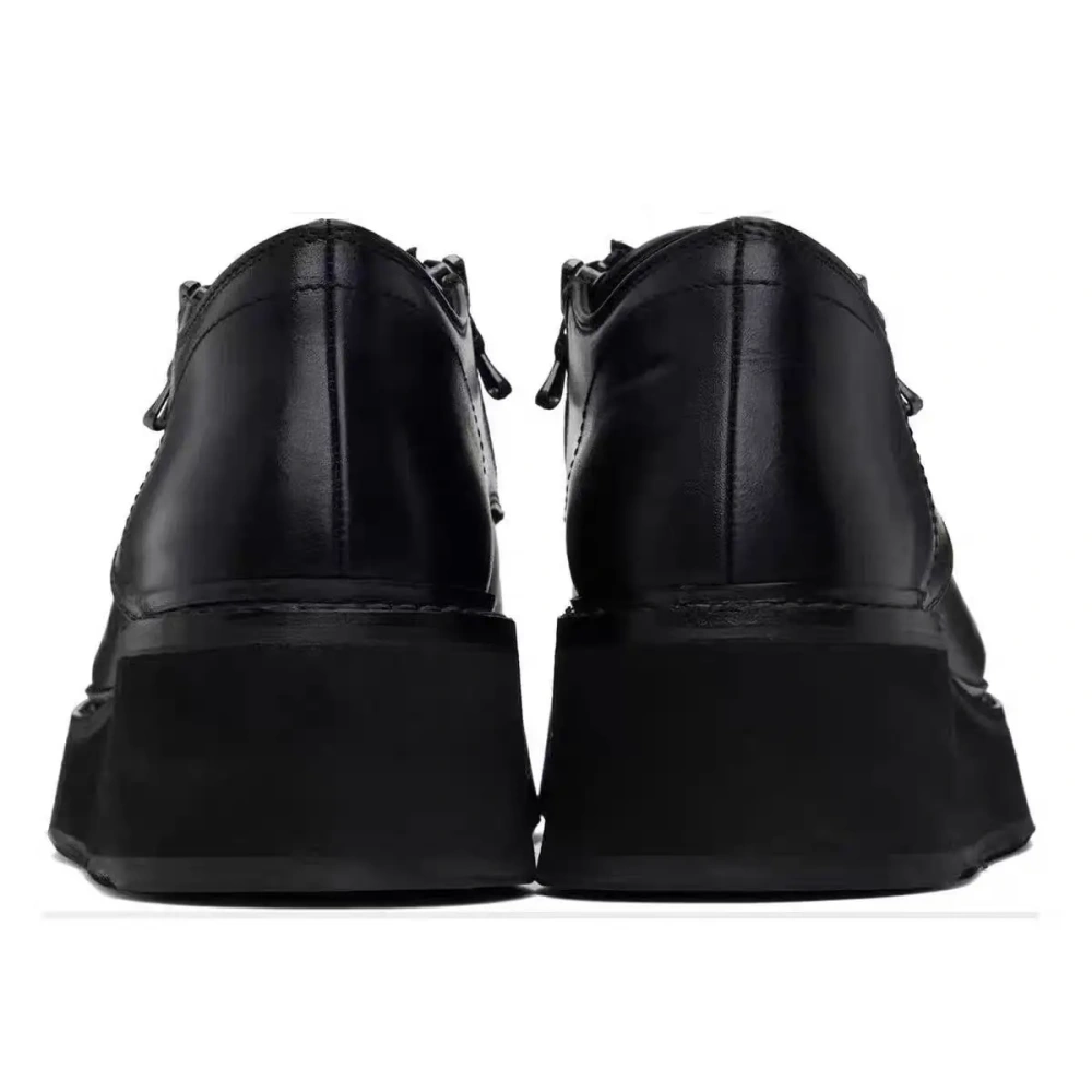 Men's Chunky Heel 7.5cm Platform Genuine Leather Solid Color Lace-Up & Zipper Round Toe Casual Height Increase Shoes 50716