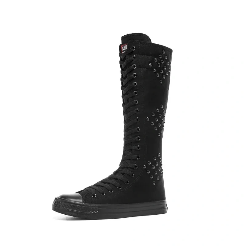 Women Sneakers Punk Style Slim Flat Heels Cross-tied Rivet Plus Size 42 43 Canvas Ladies Knee High Long Riding Knight Boots