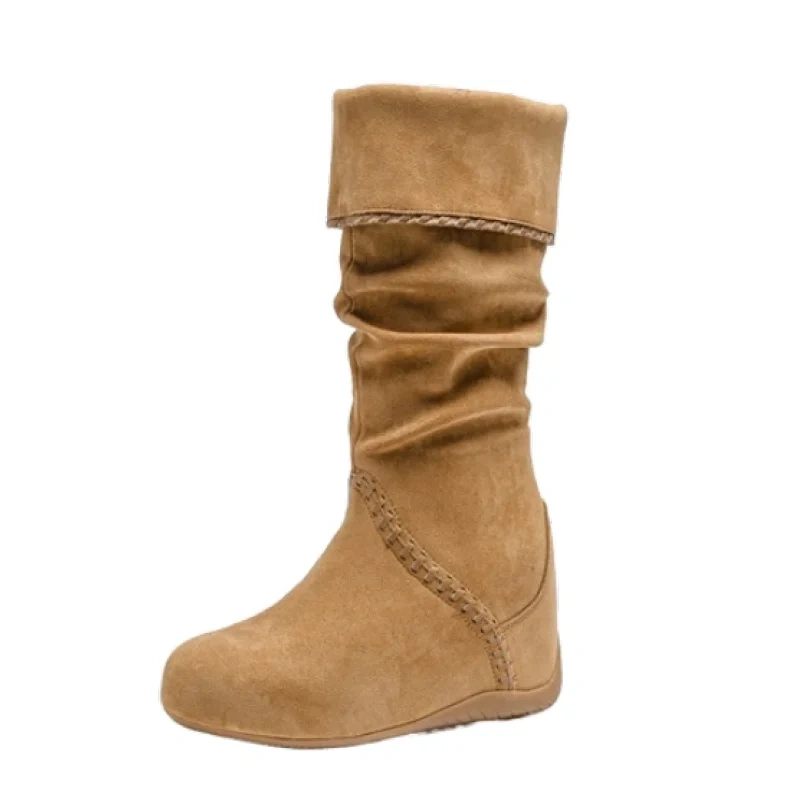 Women Autumn Winter New Mid-Calf Boots Cow Suede Casual 11CM Invisible Heel Sewing Foldable Collar Korean Style Half Boots 51014