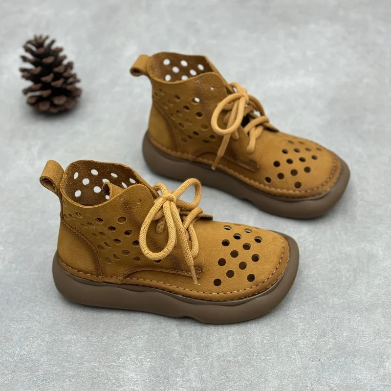 Women's Summer New Slim Fit 3 CM Thick Sole Genuine Leather Lace-Up Platform Retro Ankle Boots 50530