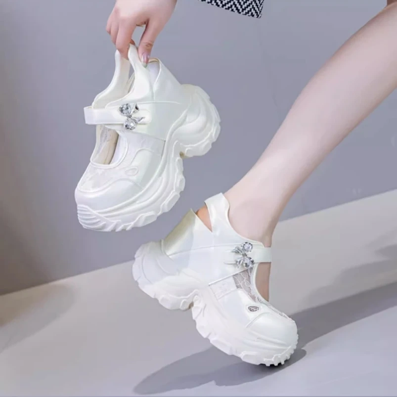 Women's Summer 12 CM Platform Mary Jane Genuine Leather Lace Mesh Pumps Round Toe Shallow Mouth Rhinestones Sandals 50523