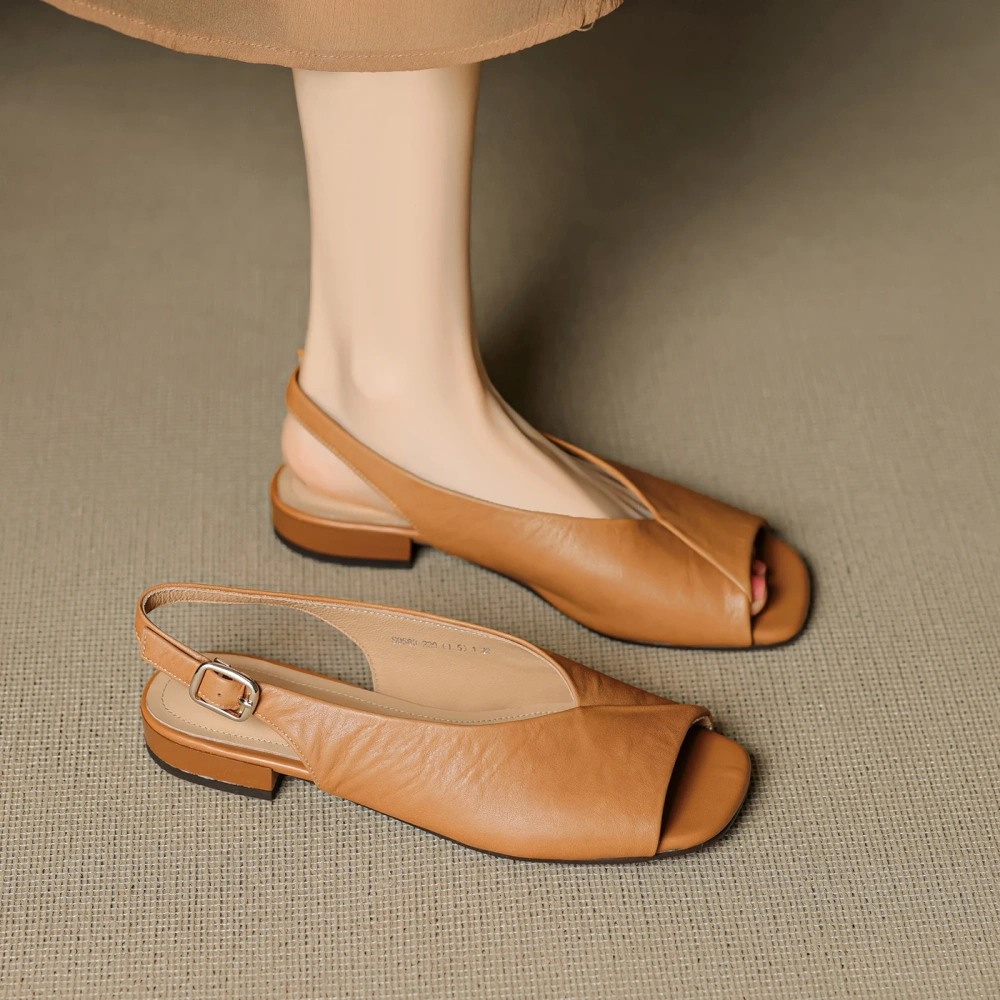 Women's New Summer Genuine Leather 2cm Square Toe Peep Toe Open Toe One - Strap Shallow Mouth Concise Retro Casual Sandals 50727
