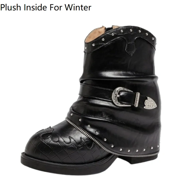 Punk 11CM Inner Height Increasing Real Leather Rivets Belt Buckle Pointed Toe Street Style Autumn Winter Women's Boots 51014