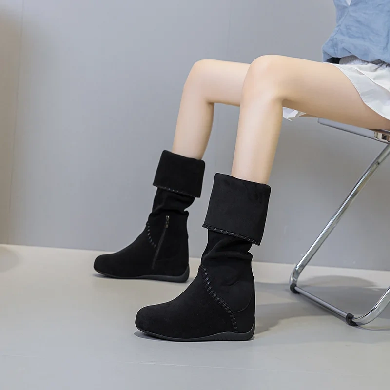 Women Autumn Winter New Mid-Calf Boots Cow Suede Casual 11CM Invisible Heel Sewing Foldable Collar Korean Style Half Boots 51014