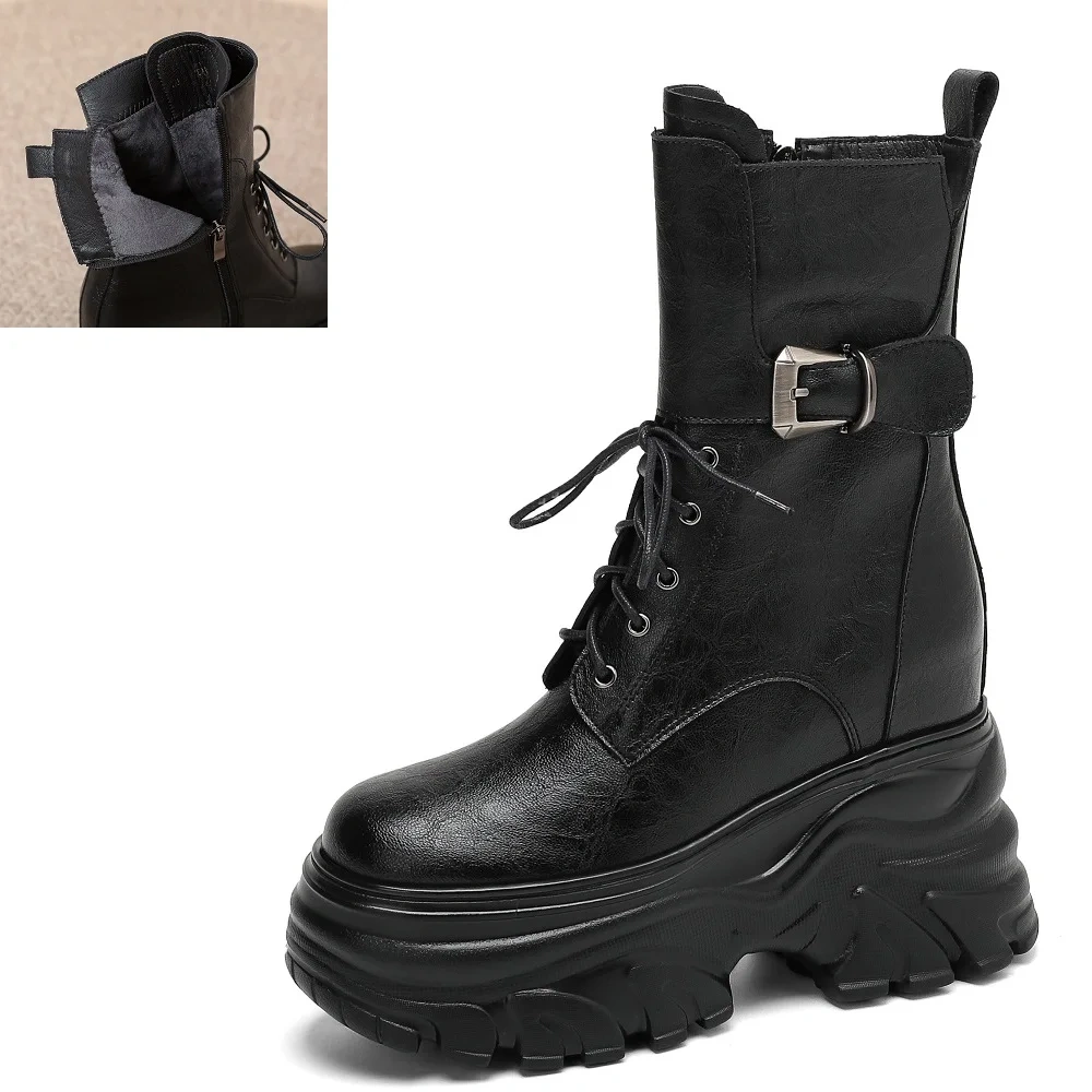 New Autumn Winter Women's Genuine Leather 12cm Thick Sole Inner Height Belt Buckle Lace-up Platform Slimming Ankle Boots 50930