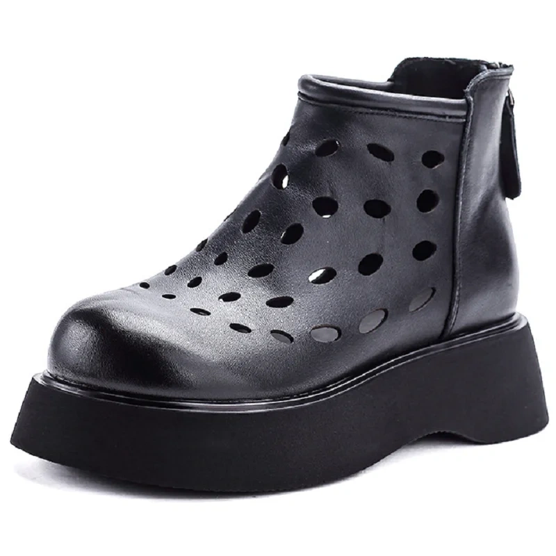 Women's Spring Summer Slim 5 CM Thick Sole Genuine Leather Round Toe Cut Out Zipper Platform Retro Solid Color Ankle Boots 50630