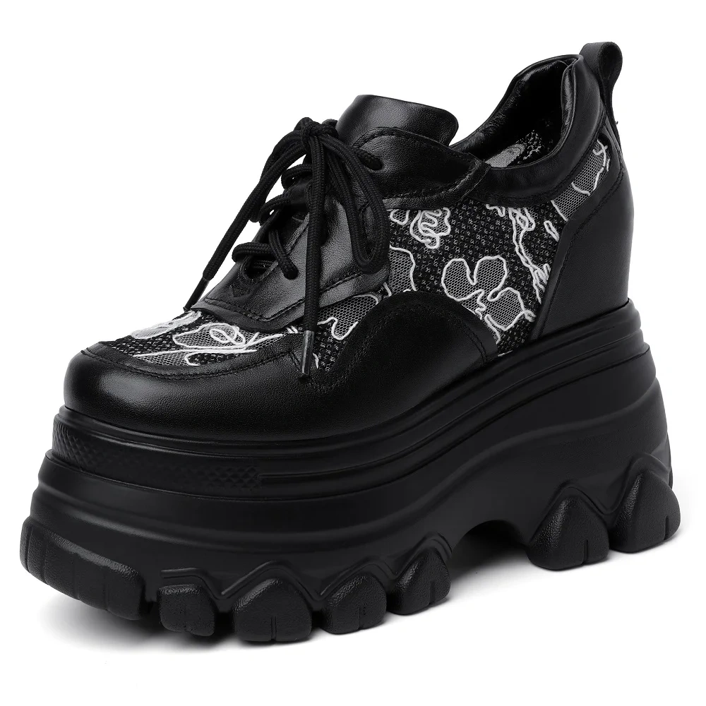 Spring Autumn New Korean Style Slim Height Increasing Platform Wedges Embroidery Lace-Up Genuine Leather Women Casual Shoes 2409