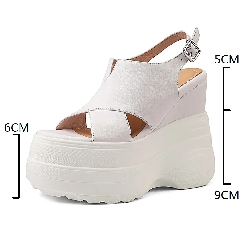 Women's Summer New Slim Fit 14 CM Wedge Heel Genuine Leather Cross Strap Platform Peep Toe Backless Solid Color Sandals 50709