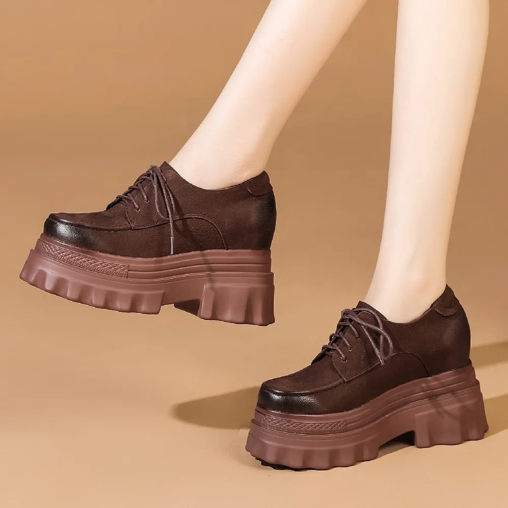 Spring Autumn New British Style Retro Height Increasing Platform Wedges Sewing Lace-Up Genuine Leather Women Casual Pumps 2401