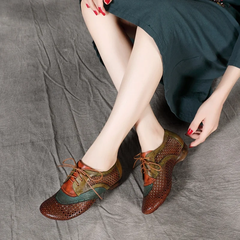 Women's Summer New 3 CM Low Chunky Heel Genuine Leather Color Block Lace Up Retro Cut Out Breathable Shoes 50630