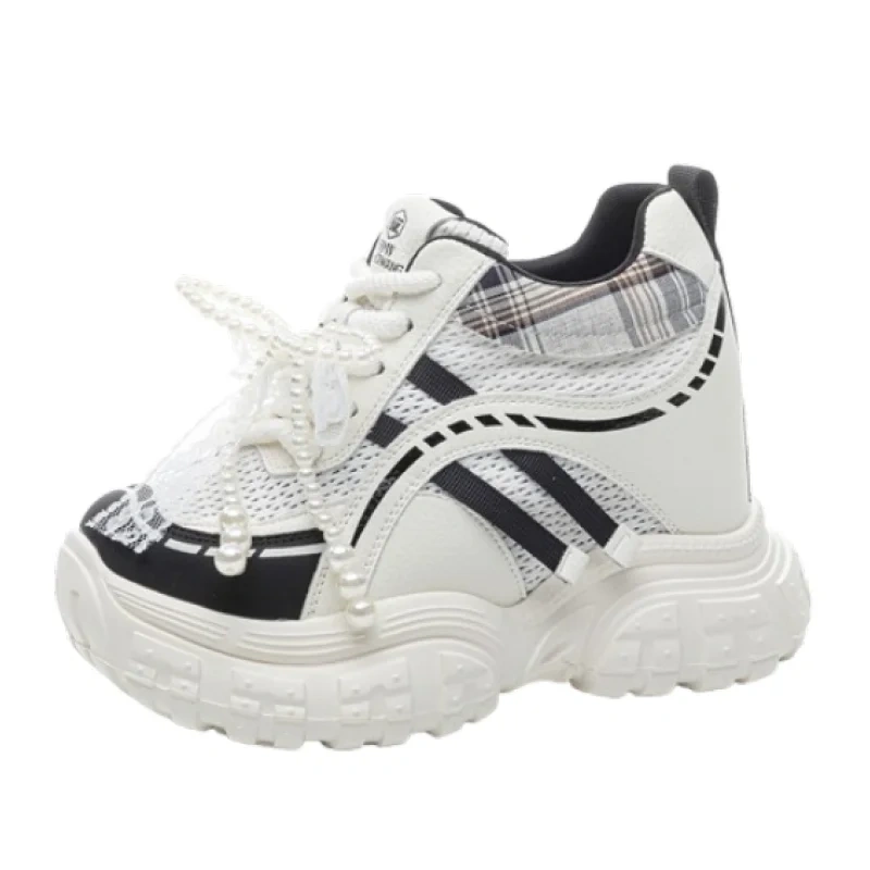 Women's Spring Autumn Fashion 10 CM Hidden Wedge Genuine Leather Mesh Sneakers Round Toe Lace Up Pearl Shoes 50522