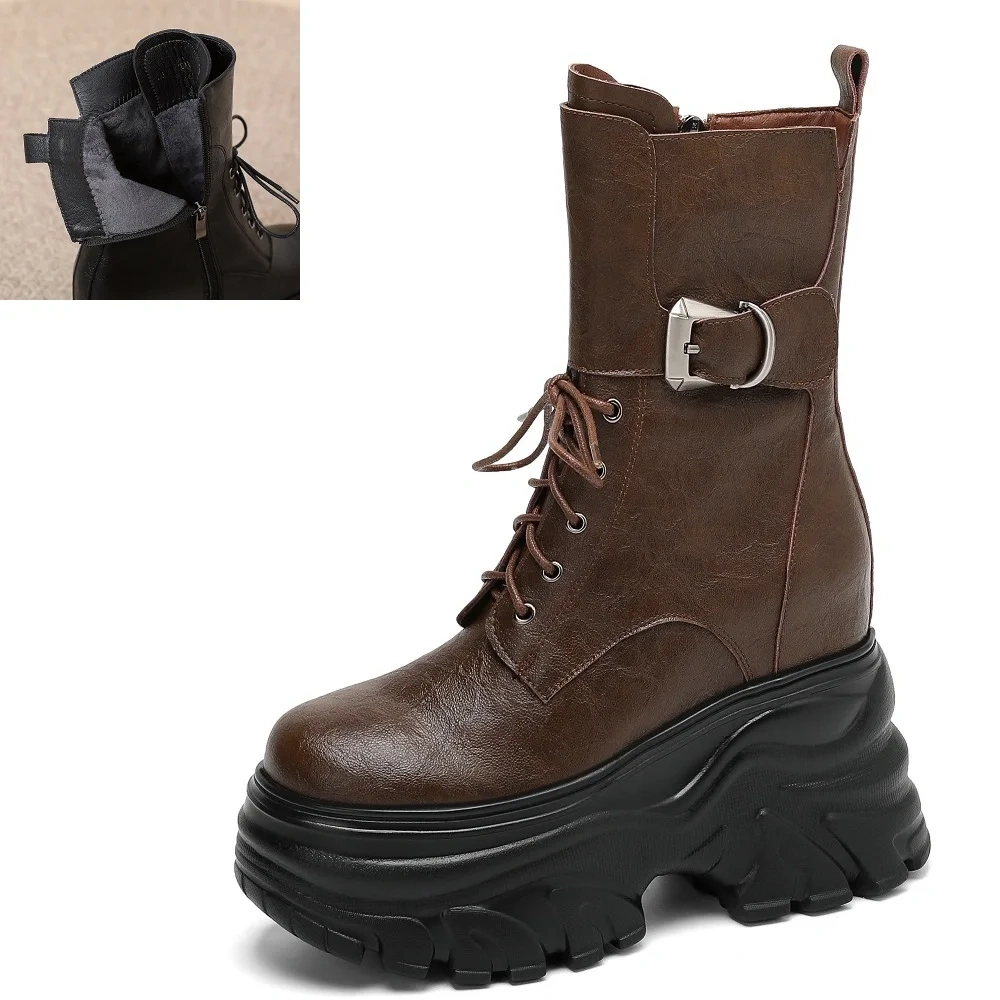 New Autumn Winter Women's Genuine Leather 12cm Thick Sole Inner Height Belt Buckle Lace-up Platform Slimming Ankle Boots 50930