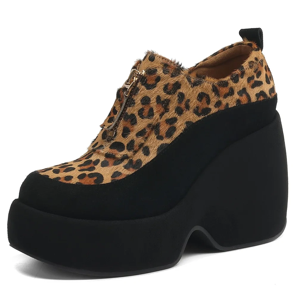 Women's Spring/Fall Genuine Leather & Pony Hair 10CM Wedge Heel Leopard Print Zip Chunky Platform Fashion Concise Shoes 50727