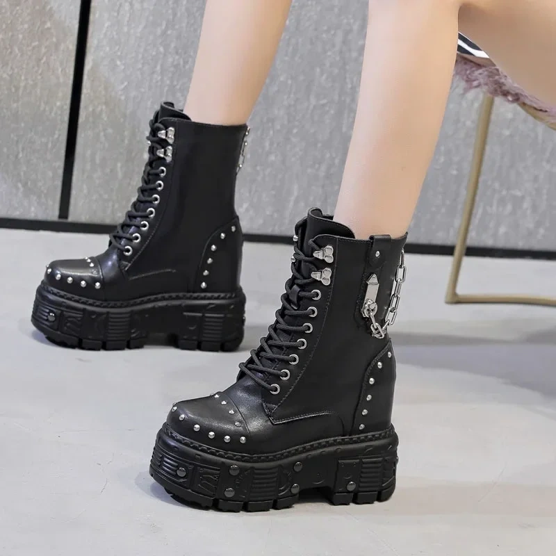 Spring Autumn Winter New Punk Style Height Increasing Platform Metal Chain Rivet Cow Leather Lace-Up Women Mid-Calf Modern Boots