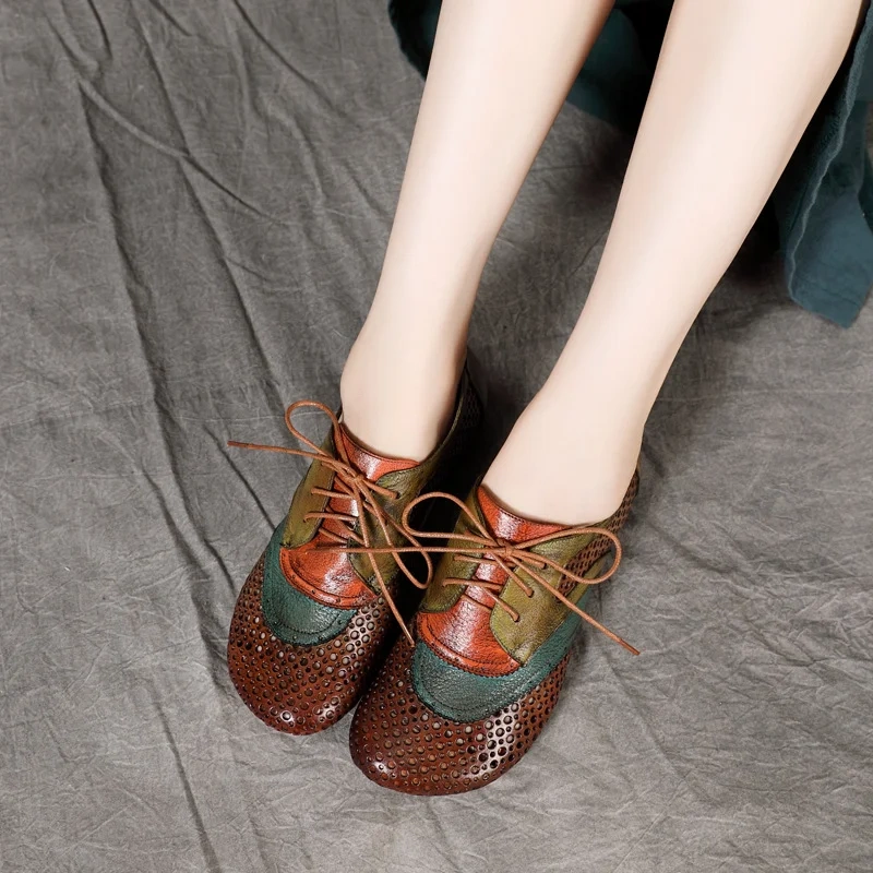 Women's Summer New 3 CM Low Chunky Heel Genuine Leather Color Block Lace Up Retro Cut Out Breathable Shoes 50630