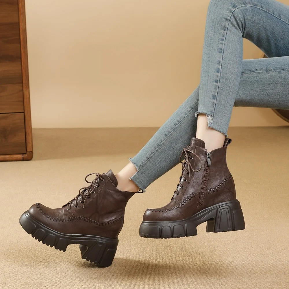 Sewing Genuine Leather 10 CM Block Heel Autumn Winter New British Style Retro Side Zipper Chunky Sole Platform Boots 51017