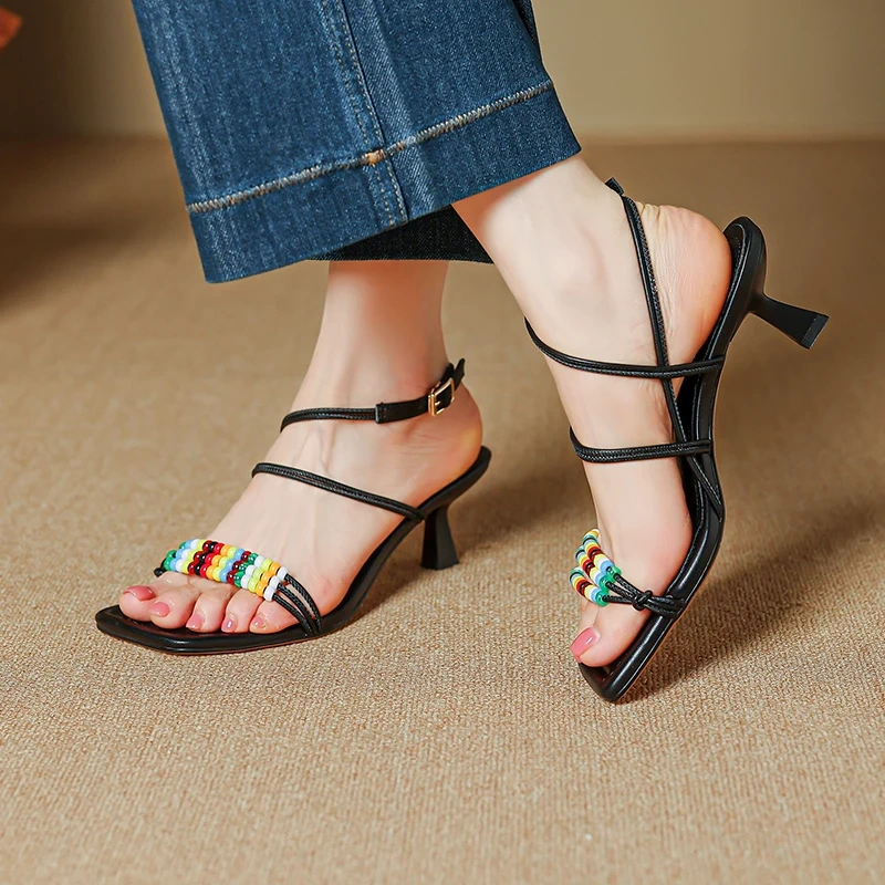 Women's Summer Fashion 5.5 CM Slim Thin Heel Genuine Leather Open Toe Backless Ankle Strap Beaded Buckle Gladiator Sandals 50620