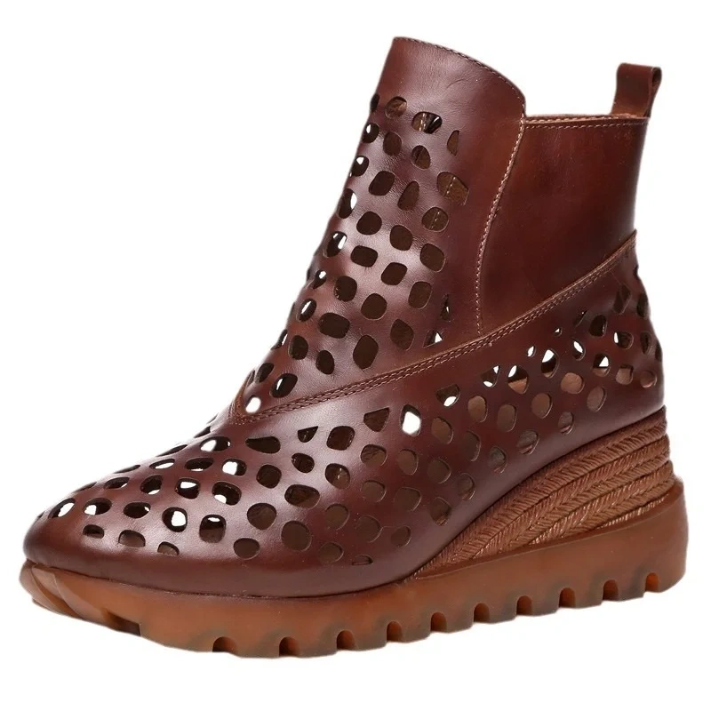 Summer New British Style Retro Wedges Round Toe Cut Out Hollow Zipper Genuine Leather Women Ankle High-top Gladiator Boots 2404