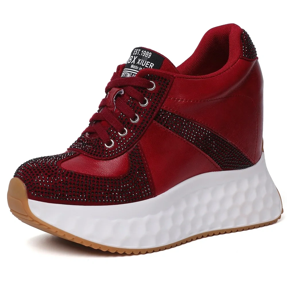 Women's Autumn New Fashion Genuine Leather Crystals Slim 12CM Hidden Wedge Heel Lace-Up Platform Soild Color Concise Shoes 50806
