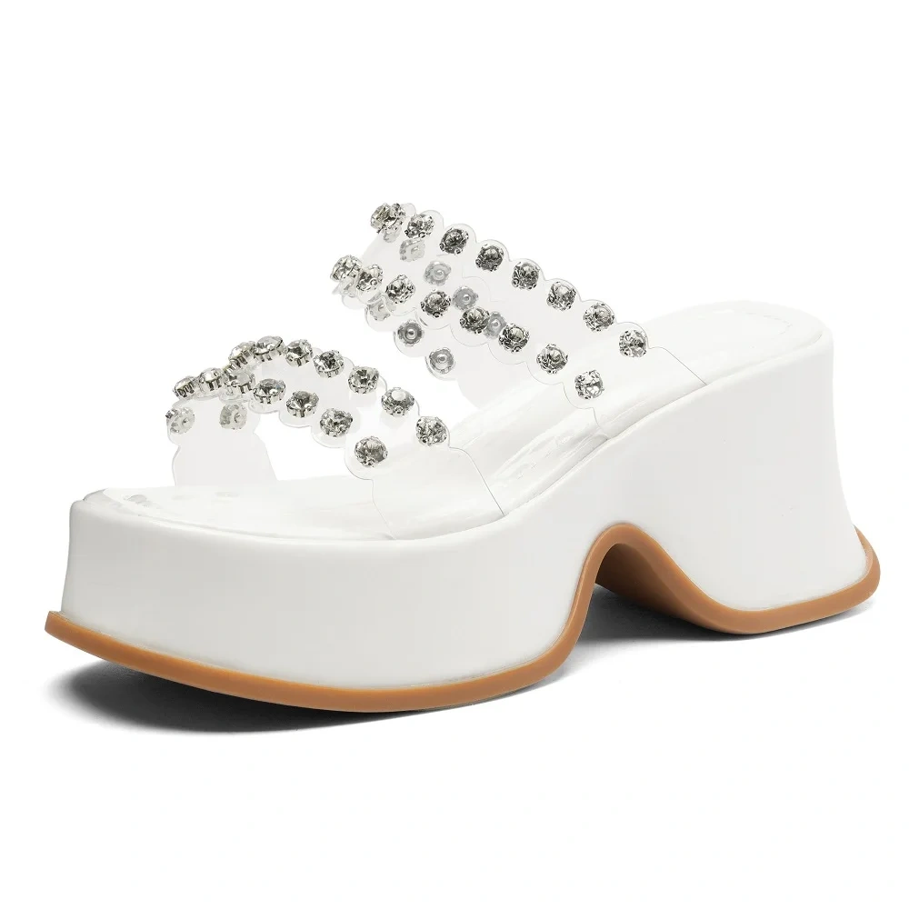 Women's Summer Fashion 9 CM Thick Sole Transparent Strap Slippers Rhinestone Chunky Heel Pink Sandals 50517