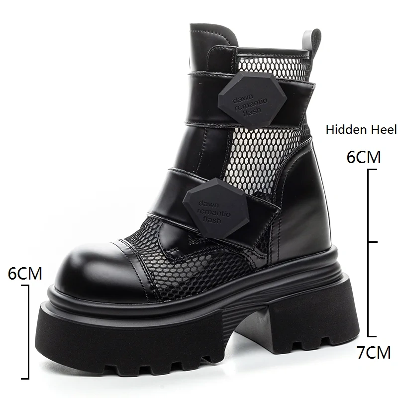 Women's Summer Fashion 12 CM Hidden Wedge Round Toe Leather & Mesh Shoes Hollow-Out Breathable Ankle Boots 50523