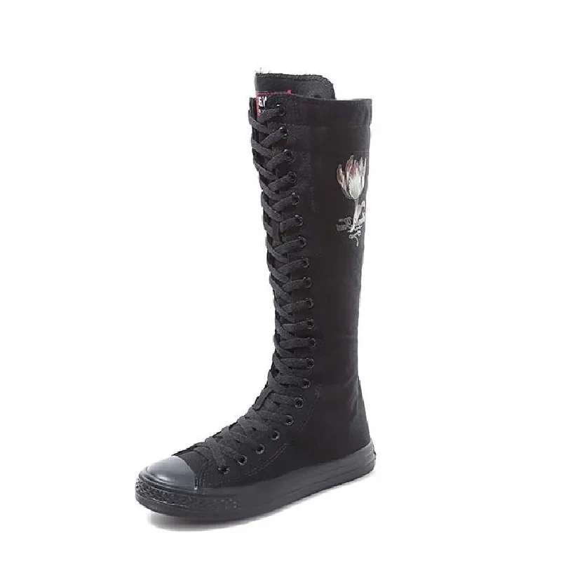 Women Dance Shoes Korean Style Slim Cross-tied Flowers Zipper Plus Size 42 43 Canvas Ladies Knee-High Long Equestrian Boots 2301