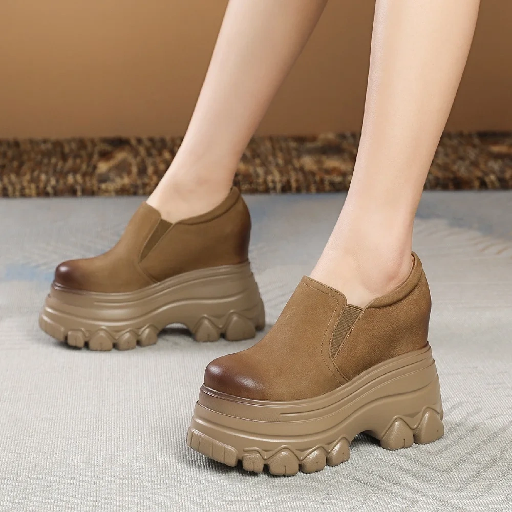 Spring Autumn New British Style Leisure Height Increasing Wedges Platform Slip-On Genuine Leather Women Casual Shoes Sneakers
